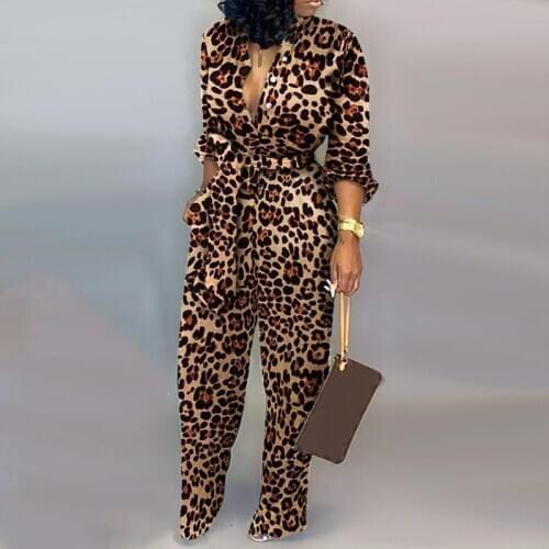 New Leopard Tied Waist Long Sleeve Jumpsuit Women Rompers Fashion One Piece Overalls Casual Jumpsuits Streetwear Dropshipping