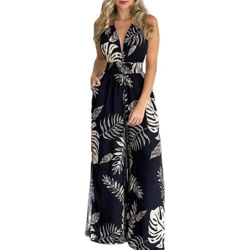 Sexy Women Casual Beach Jumpsuit Sleeveless Floral Tree Print Wide Leg Slit Hem Backless Halter Loose Romper Overall for Party