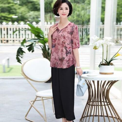 New Summer Lady Suits Elegant Women Floral Printed Blouse Sets Two Pieces Chiffon Shirt Blouse With Pants