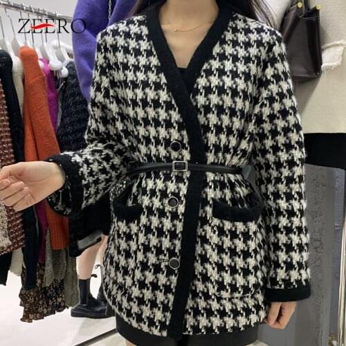 Winter Female Clothing Casual Warm Black Plaid Jacket Top Women Vintage Loose V-Neck Single-breasted Woolen Tweed Cardigan Coat