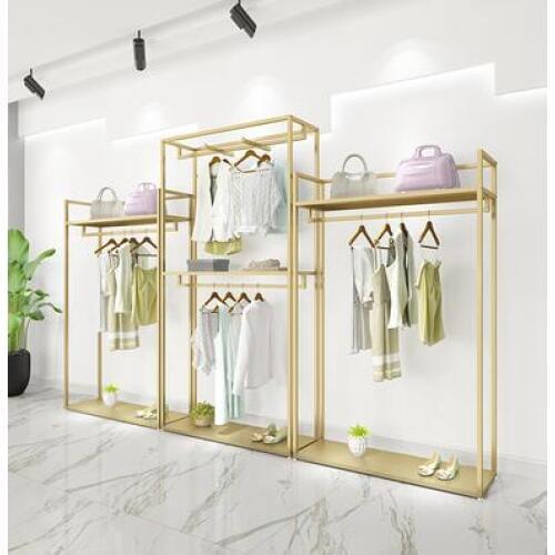 Gold clothing store display rack - style double - layer clothes rack mens and womens clothing store decoration design high