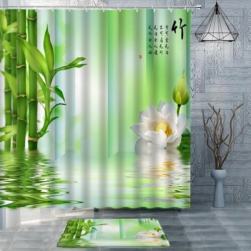 Zen Stone Bathroom 2Pcs Green Bamboo Leaves White Flowers Shower Curtain Set Bathtub Screens Bedroom Kitchen Non-Slip Carpets