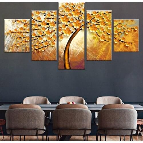 5 Panels Irregular Canvas Painting Abstract Golden Flower Tree Print and Poster Plant Wall Art Home Decoration for Living Room