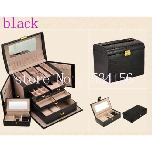 Free shipping Large 4 layer space luxury pu black jewelry box,earrings necklace pendant jewelry display shelf packing gift box