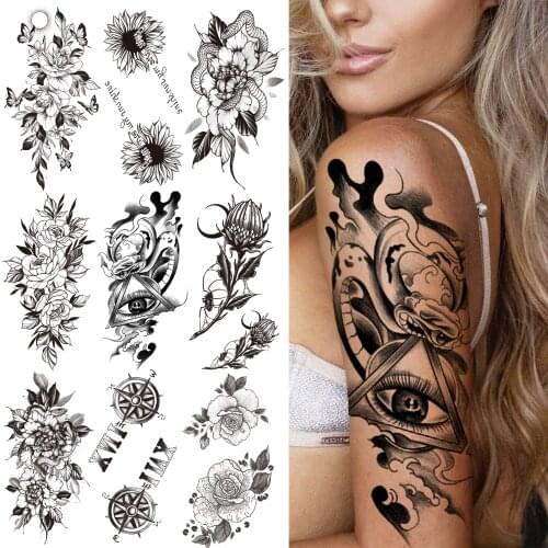 Geometric Eye Temporary Tattoos For Women Girls 3D Rose Sun Flower Tattoo Sticker Fake Compass Snake Peony Anemone Tatoos Paper