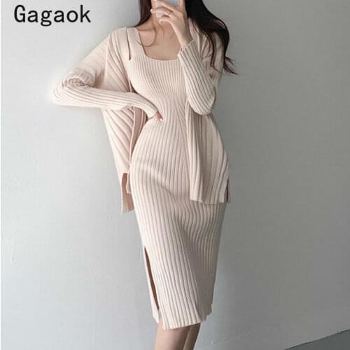 Gagaok Knitted Two Piece Set Women 2020 Spring Autumn New Solid Square Collar Koraen Wild Chic Fashion Dresses + Cardigans