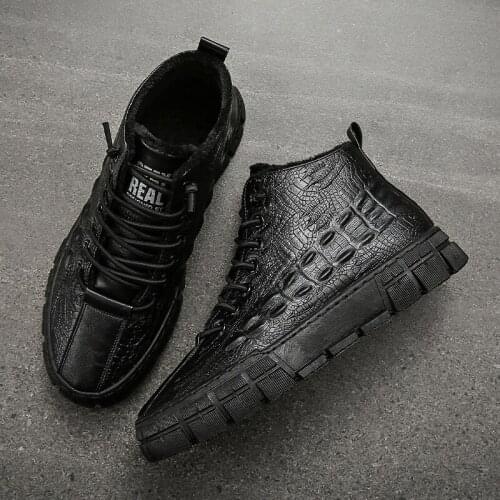 Crocodile Print Winter Men Shoes High-top Walking Shoes Black Shoe Autumn Winter Fashion Casual Leather Shoes Men Sneakers