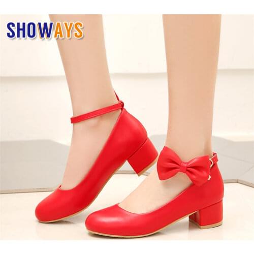 Sweet White Women Pumps 4cm Mid Block Heels Round Toe Red PU Leather Casual Party Bridal Bowtie Ankle Strap Lolita Ladies Shoes