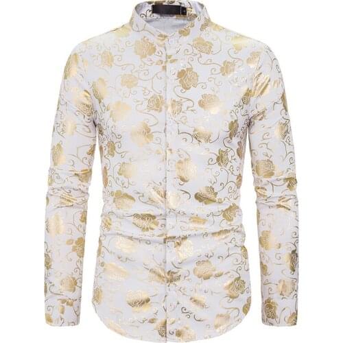 Mens White Slim Fit Mandarin Collar Dress Shirt Tuxedo Shirts 2022 Luxury Floral Bronzing Nightclub Shirt Men Camisa Masculina