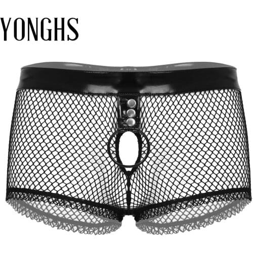 Mens Erotic Lingerie Patent Leather Transparent Patchwork Underpant Hollow Out Fishnet Undershorts O Ring Waistband Boxer Shorts