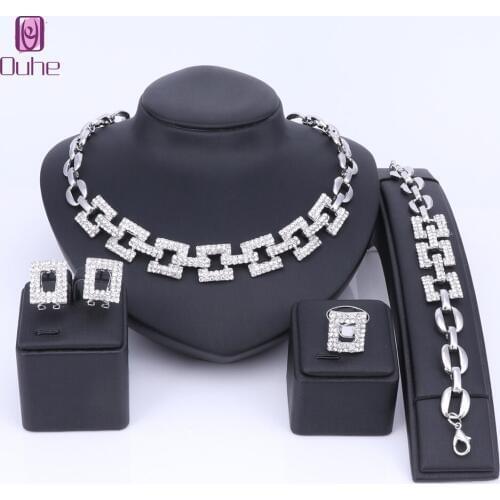 Women Statement Crystal Pendant Necklace Bracelet 4Pcs Jewelry Sets Crystal Fashion Hollow Dubai Jewelry Ethiopian Africa Gifts