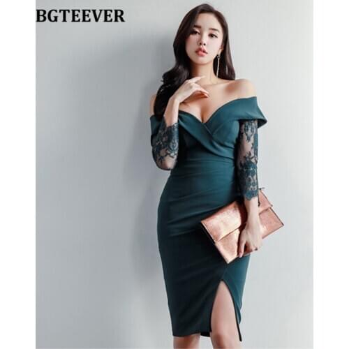 BGTEEVER Sexy Slash-neck Lace Sleeve Women Bodycon Dress Dark Green Side Split Cold-shoulder Midi Female Party Vestidos 2021