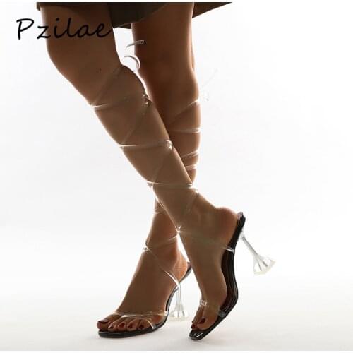 Pzilae New Summer Sexy PVC Cross-Tied Women Sandals Square Toe Crystal Clear High Heels Gladiator Sandals Ladies Party Shoes