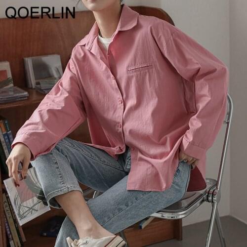 QOERLIN S-XL Candy Color Fake Pocket White Shirts Female Plus Size 2021 Spring Summer New Harajuku Green Blue Blouse Tops Coat