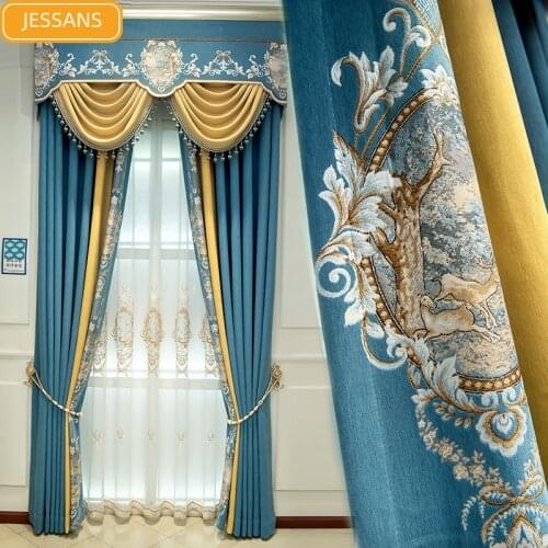 High-end European-style Chenille Jacquard Stitching Thickening Blackout Curtains for Living Room Bedroom Balcony Custom Valance