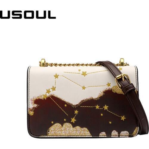 USOUL 2020 new woman chain bag embroidery crossbody bags for women pu leather handbags spring vintage small flaps Bolsa Feminina