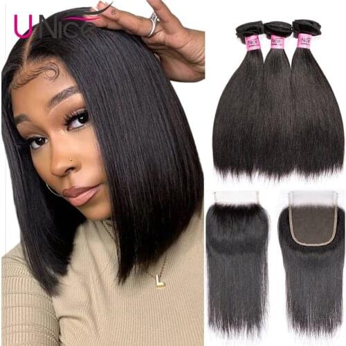 Unice Hair 3 Pcs Silky Straight Bundles with Closure Short Brazilian Human Hair Weave Bundles with Closure Virgin Hair