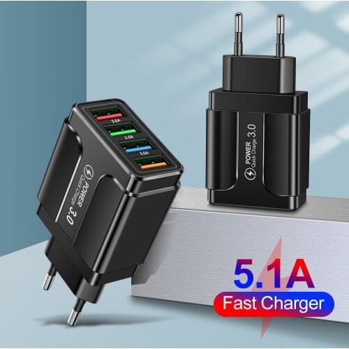 USB Charger 5.1A Quik Charge 3.0 Mobile Phone Charger For oneplus iphone 12 pro max Samsung Xiaomi 4 Port 48W Fast Wall Chargers