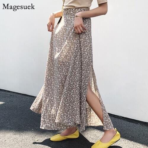 Summer Autumn Chiffon Woman Skirts 2021 Print Floral Women Skirt Long Split Casual Mid-Calf Skirts Womens Mujer Faldas 10013