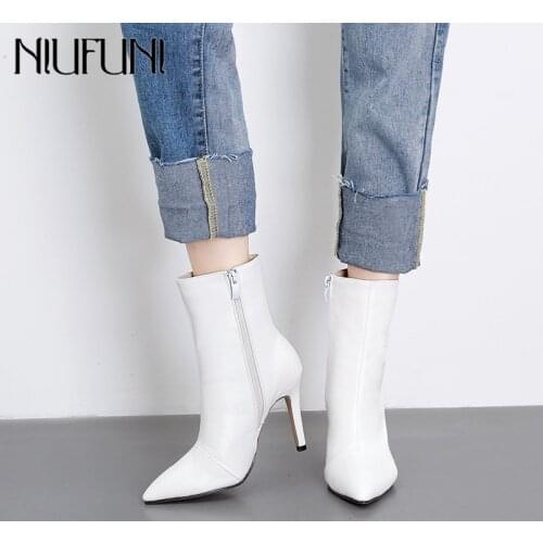 NIUFUNI Fashion Ankle Boots High Heels Sexy Pointed Toe Women Pumps Fashion PU Leather Boots Autumn 2019 Woman Shoes Black White