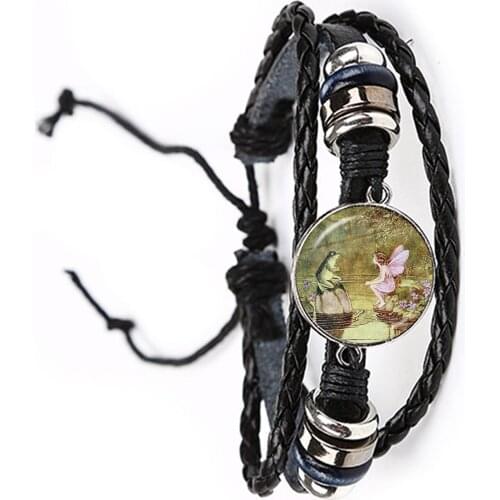 2021 Vintage Leather Bracelet 20mm Glass Cabochon Fairy Frog Bangle Fashion Animal Jewelry Gift For Women Men Lovers