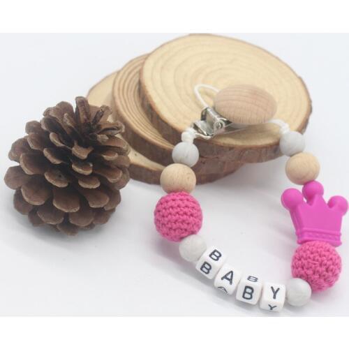 New 1pcs Personalised Name Baby Pacifier Chain Anti-lost Chain Beech Wooden Pacifier Clips Holder Silicone Teething Chain