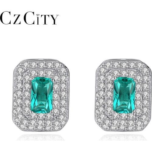 CZCITY New Luxury Silver Sterling 925 Stud Earrings for Women Square Shape Shining Female Earring Classic Jewelry Christmas Gift