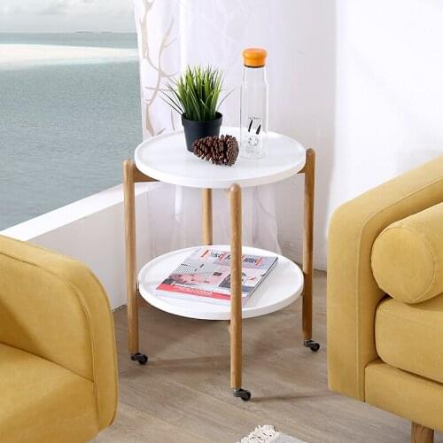 Double Layer Red Oak Coffee Table with Wheel Bedroom Bedside Table