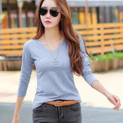 Tshirt Women 2019 Autumn Long Sleeve V Neck tShirts Women Candy Color Cotton Women T Shirt Camisetas Femininas New Fashion