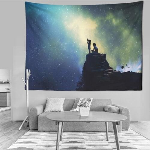 Cartoon Galaxy Tapestry Wall Hanging Father and son Landscape Hippie Hillside Tapiz Starry Sky Home Cartoon Decor Wall Carpet