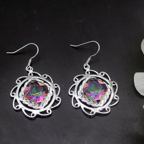 Hermosa Rainbow Shiny Fire MysticTopaz Silver Color Earrings For Women Fashion Jewelry 1 3/4 Inch ME027