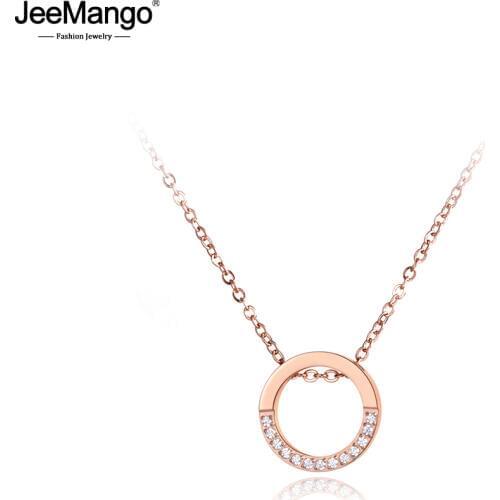 JeeMango Trendy Office Chain Jewelry Circle Pendant AAA Rhinestones Rose Gold Choker Necklace For Women Chirstmas Gift JN19042