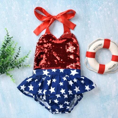 FOCUSNORM Independence Days Baby Girls Romper Dress Star Sequined Patchwork Sleeveless Belt Jumpsuits 0-12M