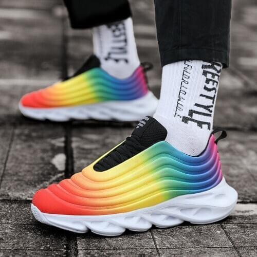 Spring 2021 New Men Casual Shoes Lace-Up Rainbow Elastic Cloth Sports Shoes Male Flats Mesh Comfortable Single Men Sneakers