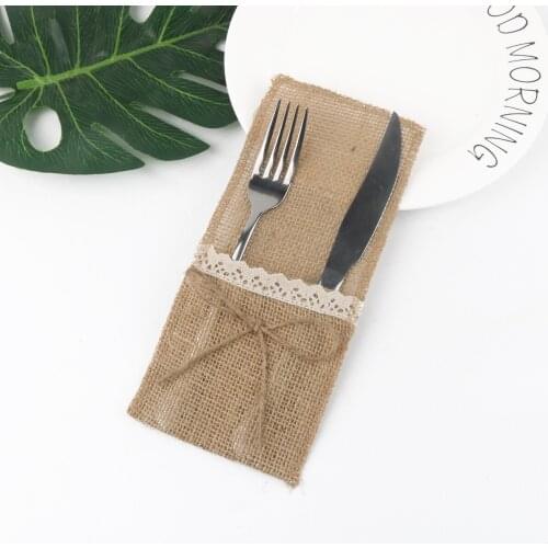 Linen Lace knife and fork bag Party and festival decoration Christmas decoration linen tableware bag Wedding party cutlery bag