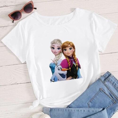 Disney Simple Tshirt Women Elsa Queen And Anna Printed Naive Humor T-shirts Femme Soft Girl Aesthetic Frozen T Shirt Clothes