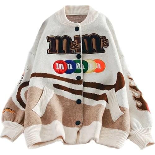 Women Autumn Korean Sweater Embroidery M Letter Harajuku Cardigan Cartoon Jacquard Knit Sweaters Female Oversized Streetwear New