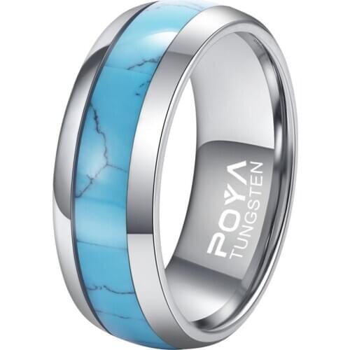 POYA TUNGSTEN 8 mm Turquoise Inlay Ring Mens Womens Wedding Engagement Band Comfort Fit