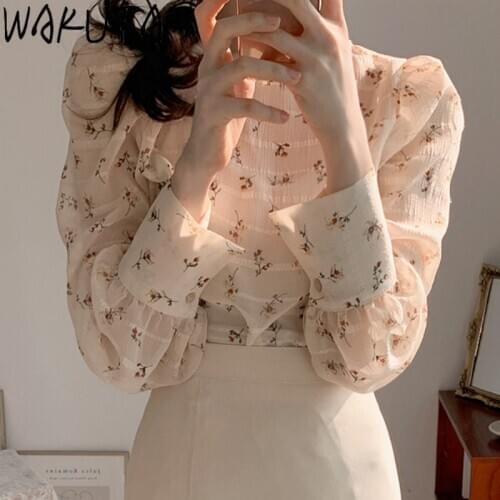 WAKUTA Floral Print Chiffon Blouses and Shirts Women Sweet Elegant Korean Fashion Puff Sleeve O Neck Tops Spring New All Match