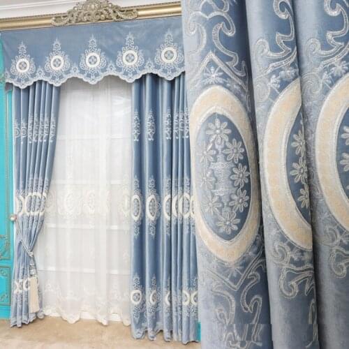 Custom curtains luxury European living room embroidered thick velvet blue cloth blackout curtain tulle valance drape
