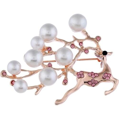 Animal Deer Brooch Pins olor Rhinestone & Simulated Pearl Elk Brooches for Women Wedding Christmas Jewelry