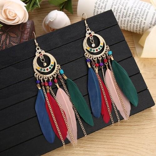 Red Black Blue Multicolor Feather Earrings Women Inlay Crystal Metal Tassel Earrings Ethnic Holiday Party Jewelry Accessories
