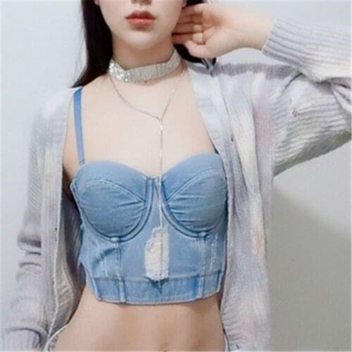 Fashion Women Camisole Sexy Backless Camis Top Summer Push up Bra Ripped Tassel Sleeveless Denim Top Tee Blue Streetwear