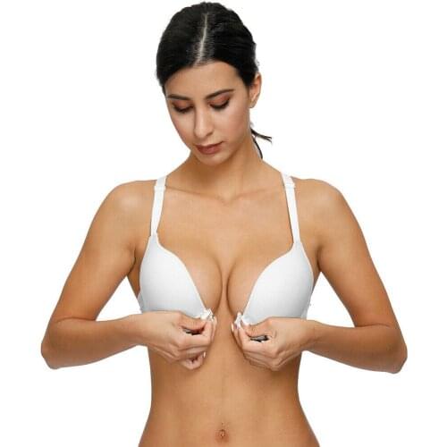 White Lace Bra Closure Push Up Women Bra Padded Gather Plunge Low Cut Bralette Underwire Brassiere 30-44 Size A B C D E Cup