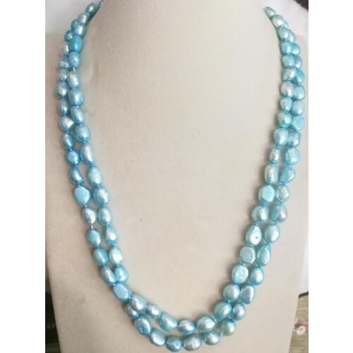 Wedding Women Jewelry 120CM 46inch Necklace 8-9mm Light Blue Pearl Baroque Natural Freshwater Pearl