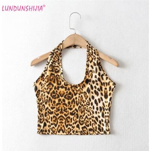 LUNDUNSHIJIA 2021 Summer Fashion Sexy Leopard Printed Slim Womens Hang Neck Halter Vest Top Femme Clubwear Tank Tops