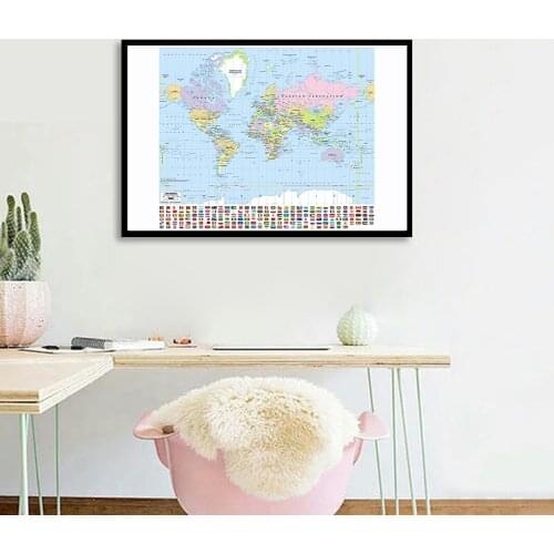 84*59cm Map of The World with National Flags Spray Canvas Painting Wall Poster And Prints Classroom Home Decor School Supplies