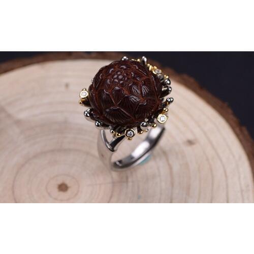 FNJ Peony Flower Rings 925 Silver Adjustable Size Open Popular S925 Solid Silver Ring for Men Jewelry Fine Lobular rosewood