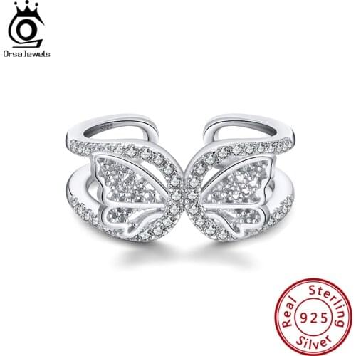 ORSA JEWELS Solid 925 Sterling Silver Butterfly Open Rings For Women Shiny CZ Fine Jewelry Birthday Party Accessories Gift SR254