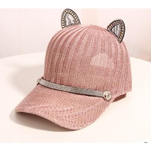 Summer rhinestone Decorated Mesh Baseball Cap Cat Ears Glitter Crystal Peak Cap Adjustable Sun Hat